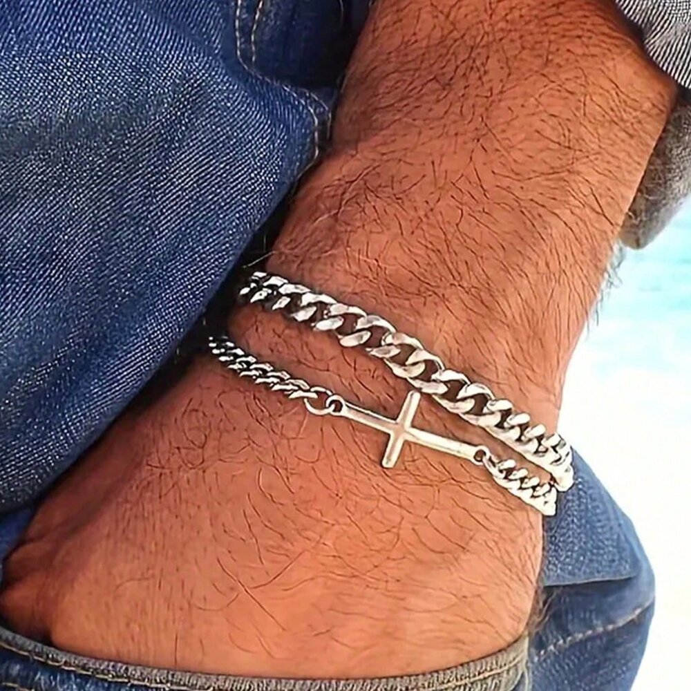 3/$35 Men's Silver Tone Curb Chain Bracelet Set with Cross Charm Two-Layer Cuban